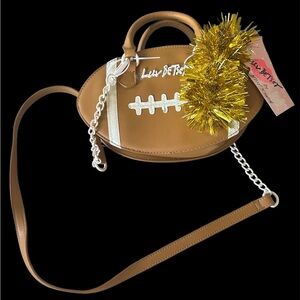 NWT Betsey Johnson Brown Football Crossbody Bag with Gold Pom Pom Accents!